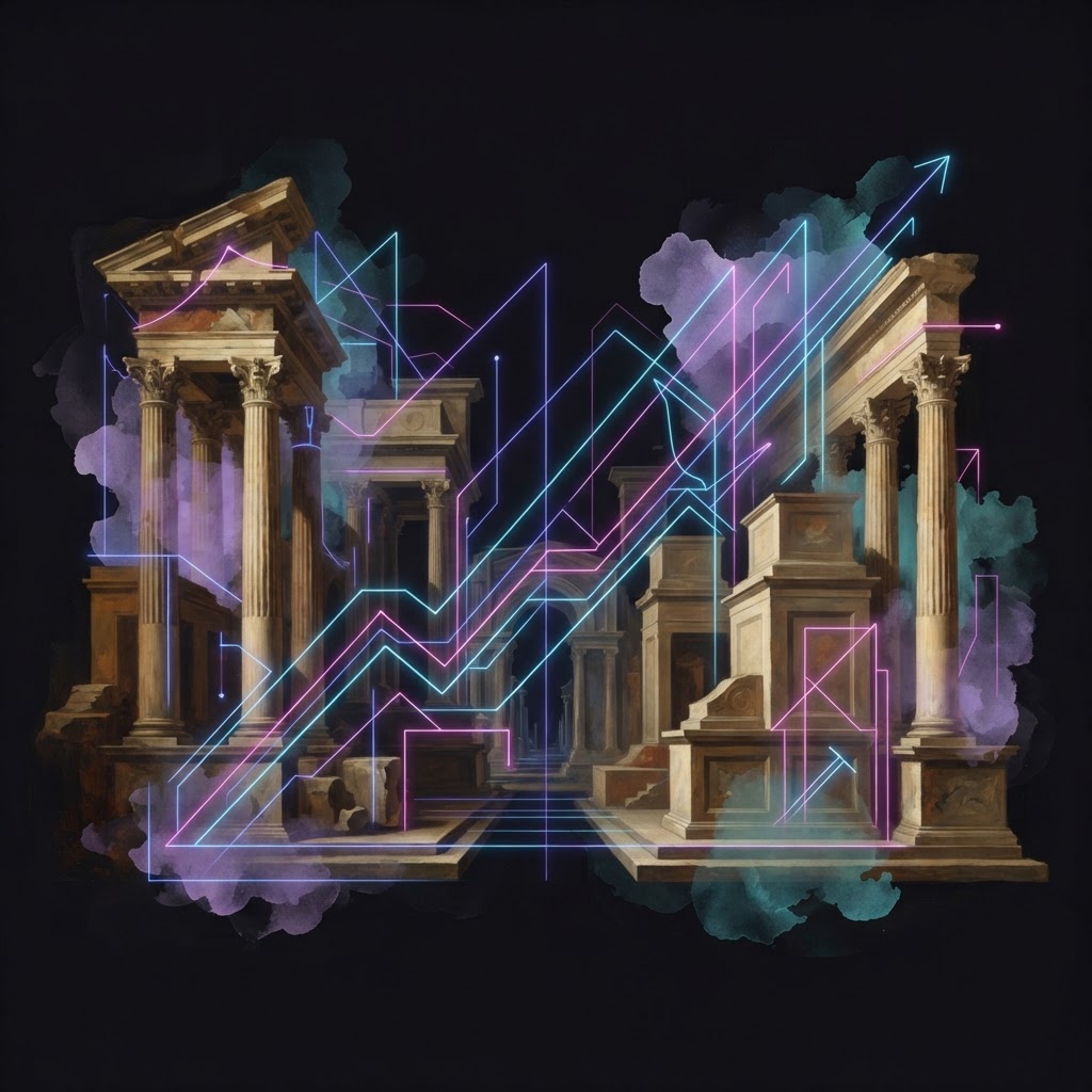 Abstract neon lines forming a structured data funnel to illustrate AI strategy and fractional information curation