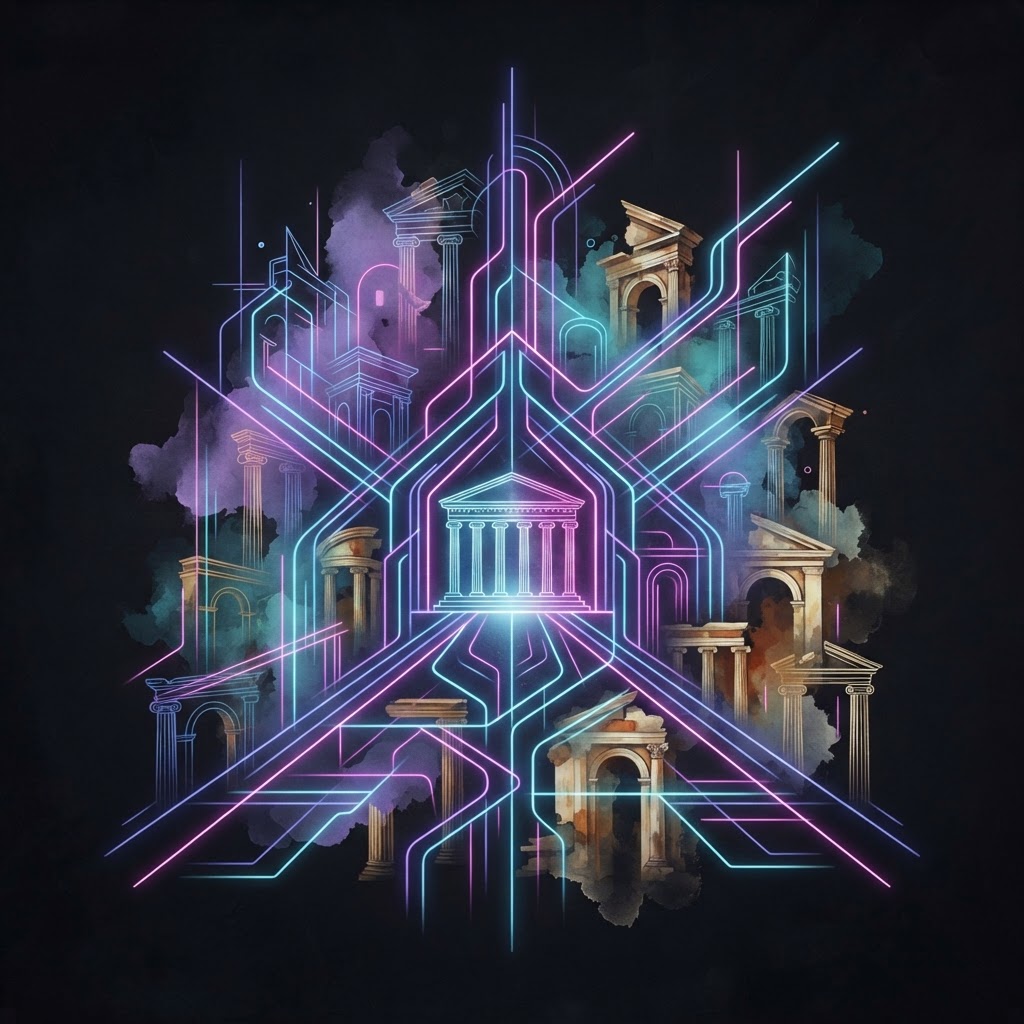 Abstract neon lines depicting an AI strategy transition guided by a fractional designer for scaled business production