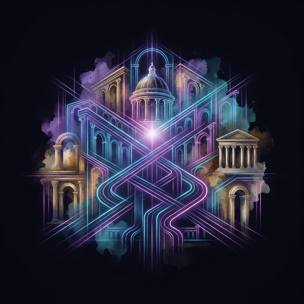 Abstract neon line art visualizing strategic fractional leadership as a solution to AI-driven brand homogenization