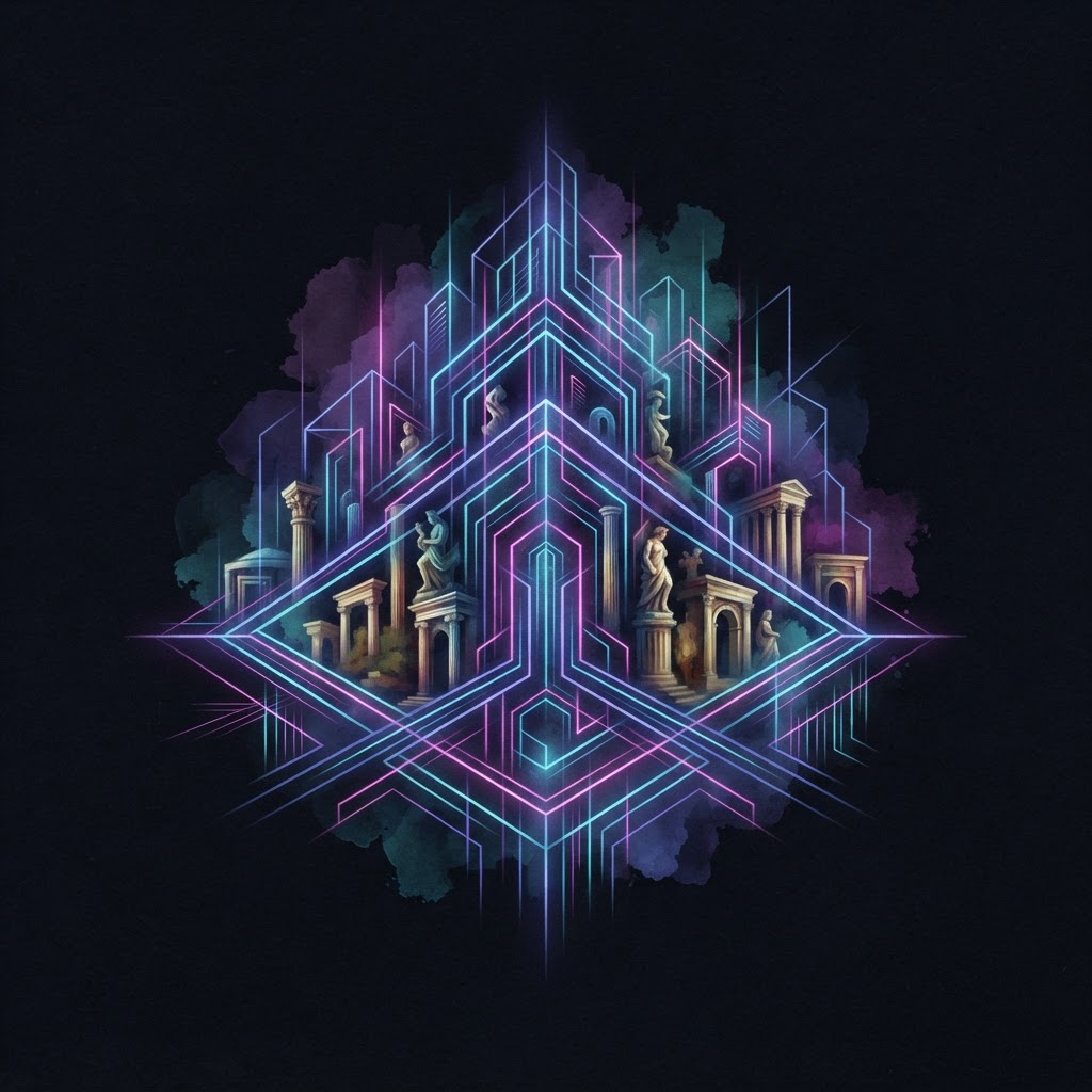 Abstract neon line art depicting human oversight of complex AI systems and fractional leadership strategies for businesses
