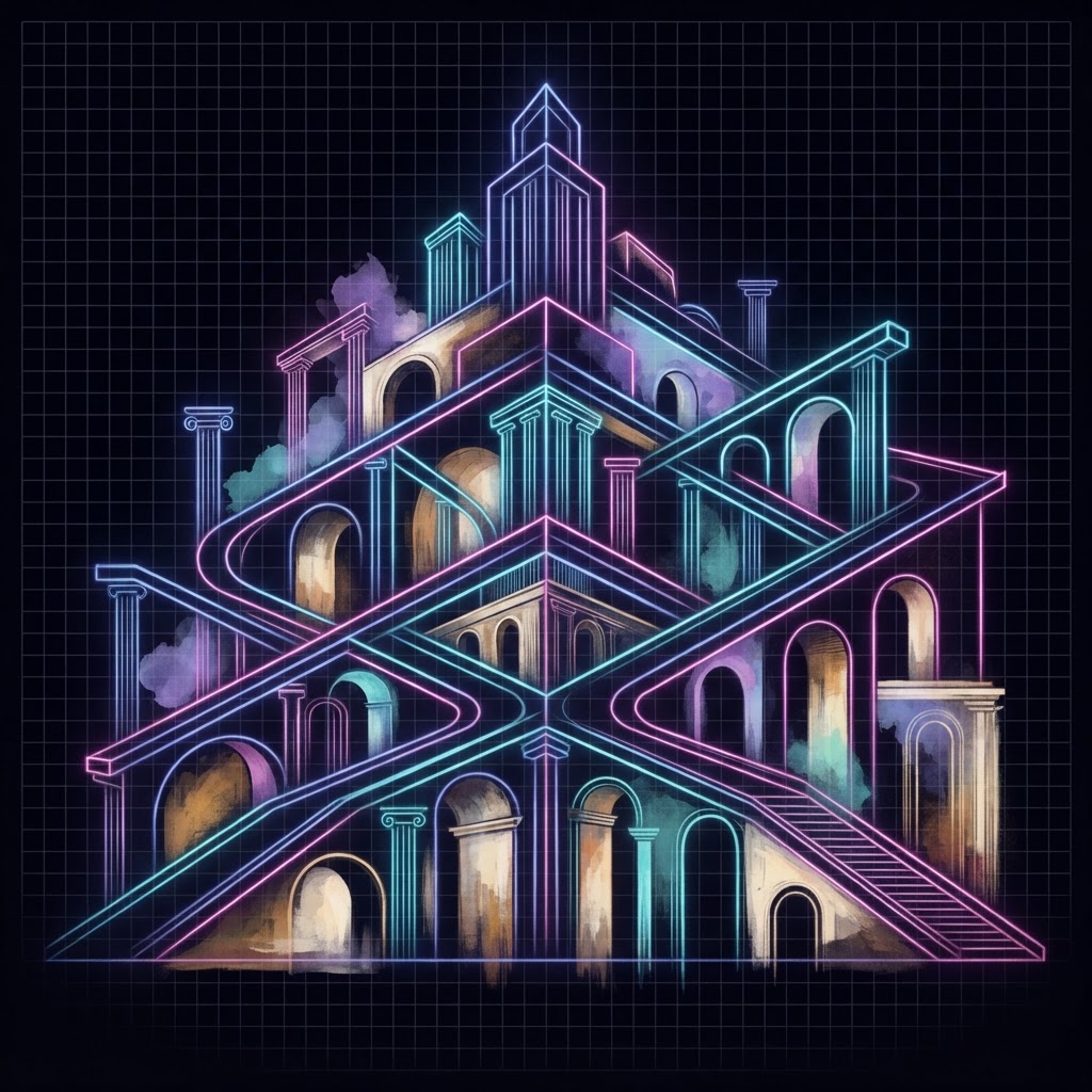 Abstract neon line art representing an AI product shift and architectural decision-making in product management