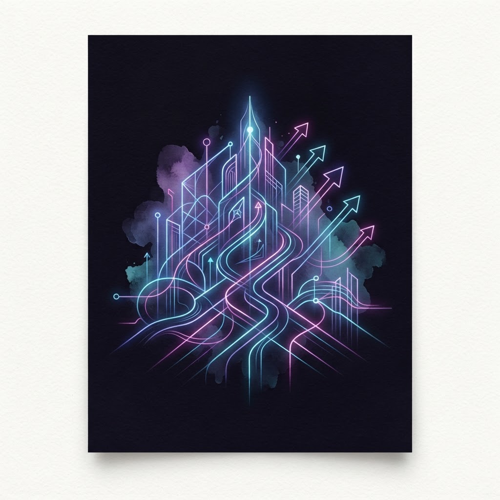 Abstract neon lines forming a growth chart, representing a Fractional CAIO navigating business volatility in Toronto.