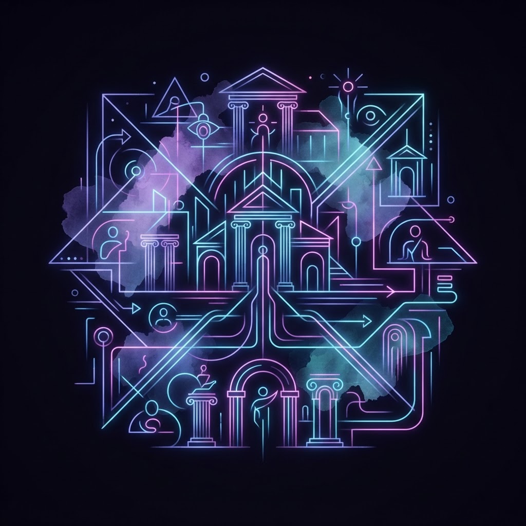 Abstract neon line art representing a fractional AI architect guiding mid-market business strategy toward operational success