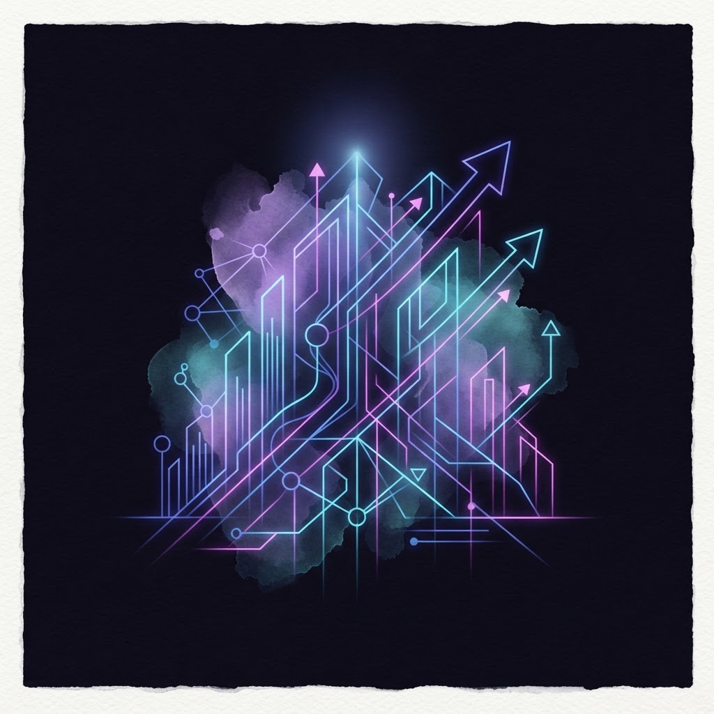 Neon abstract lines connecting technology nodes, symbolizing a Fractional CAIO guiding a unified machine learning roadmap.
