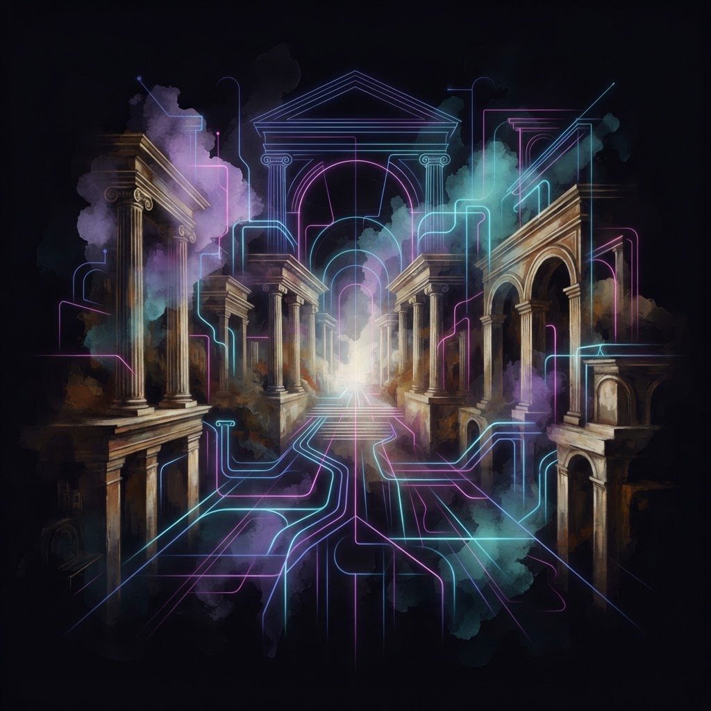 Abstract neon line art depicting a visionary leader navigating a complex network to solve the enterprise uniformity dilemma