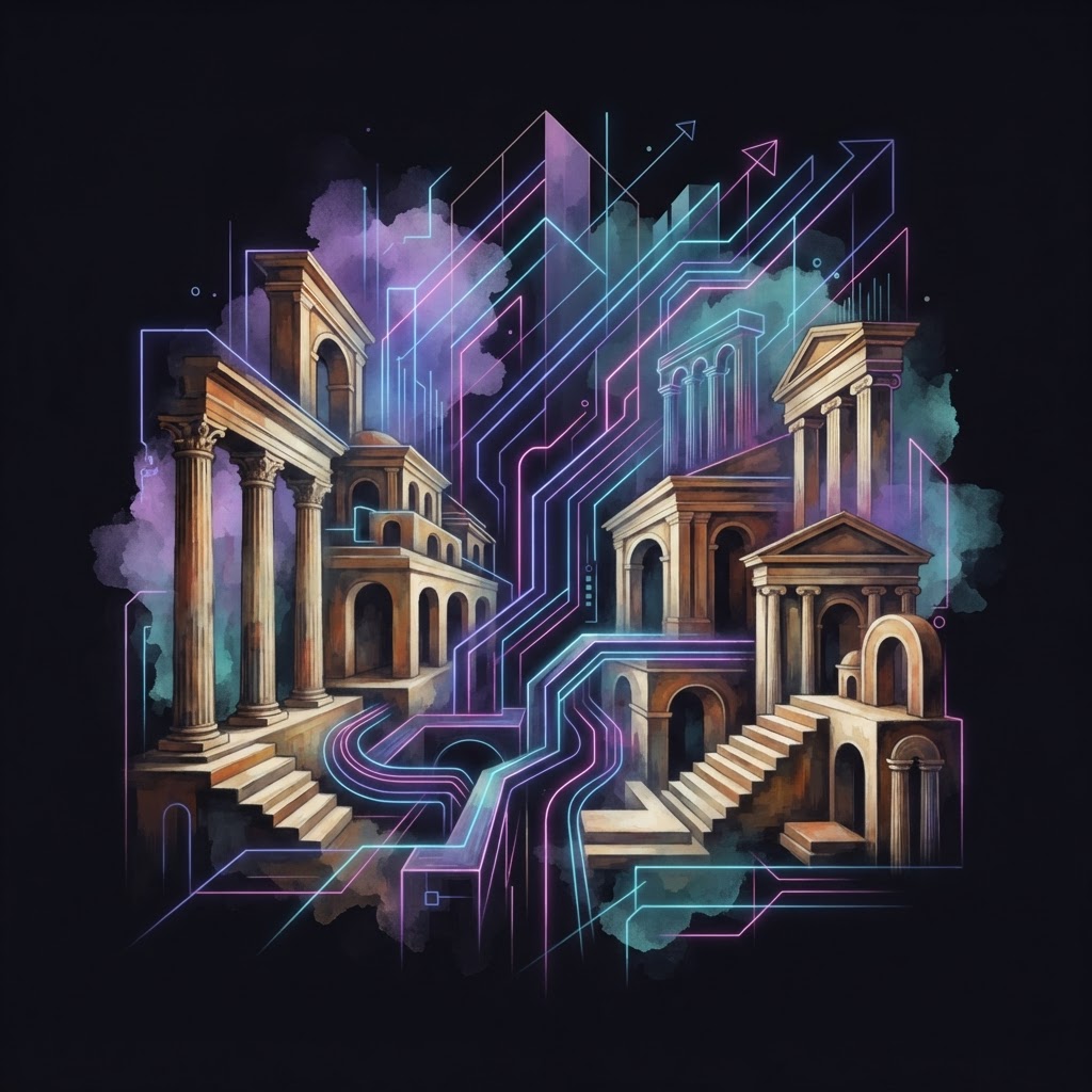 Abstract neon lines forming a structural bridge, symbolizing AI governance and fractional builder strategy for enterprise.