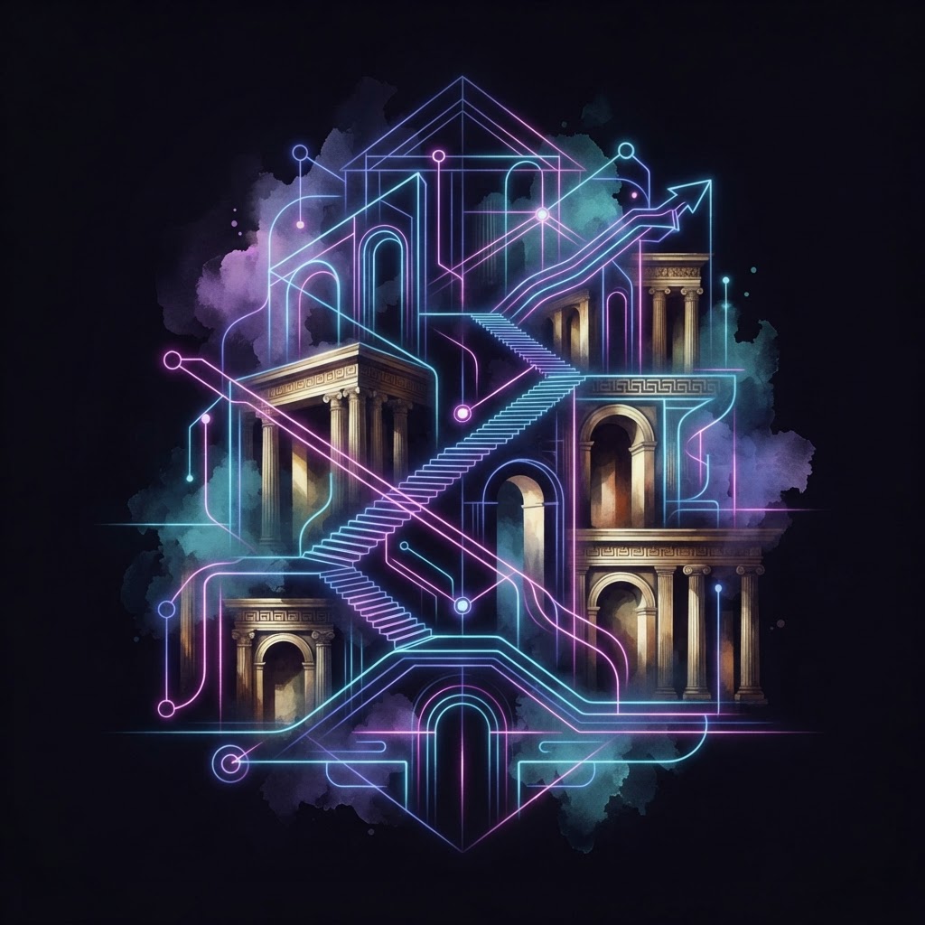 Abstract neon lines forming a geometric growth chart to represent Fractional CxO strategy amid Edmonton market trends.