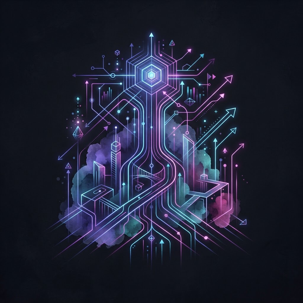 Abstract neon lines forming a geometric structure representing enterprise AI scaling from pilot projects to production.