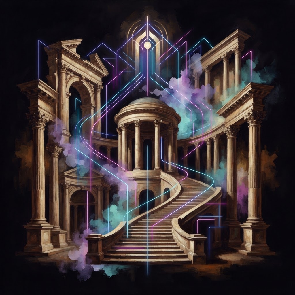 Abstract neon lines forming a business profile representing fractional leadership reclaiming brand edge in an AI market.