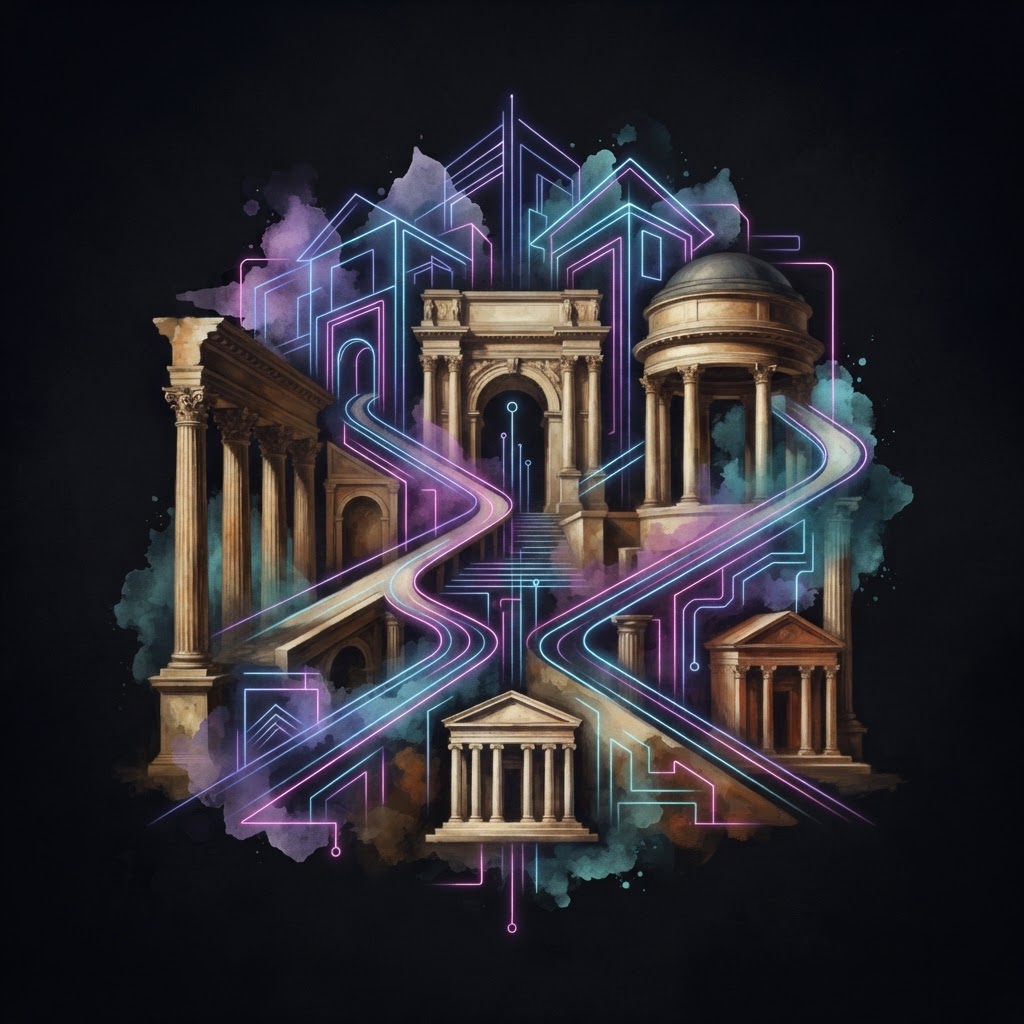 Abstract neon lines forming a geometric structure representing a fractional AI strategy and enterprise portfolio pivot