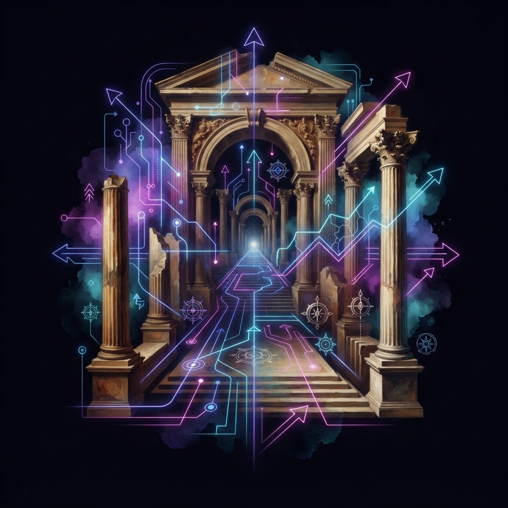 Abstract neon line-art depicting human oversight of an AI agentic factory to ensure sustainable product roadmap success