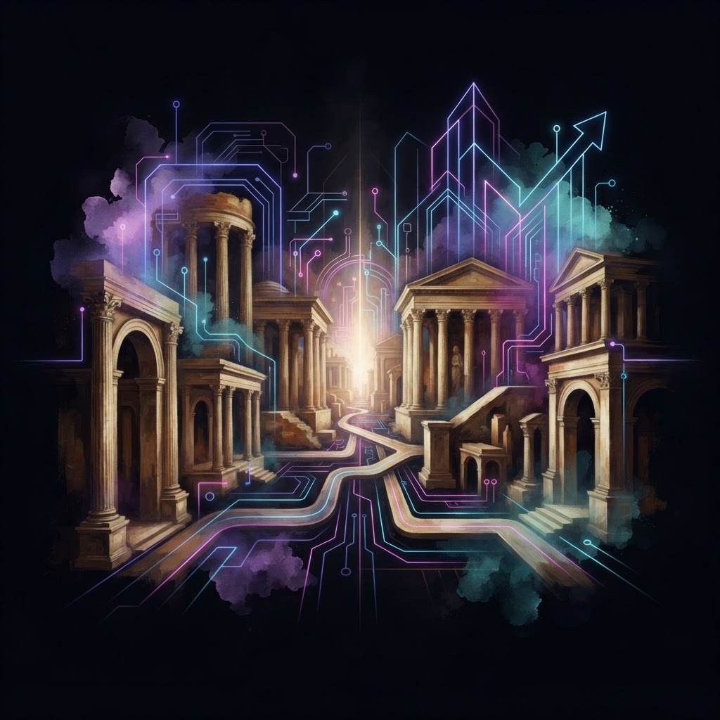 Abstract neon line art depicting a human architect navigating a maze of AI generated shapes to reclaim brand strategy