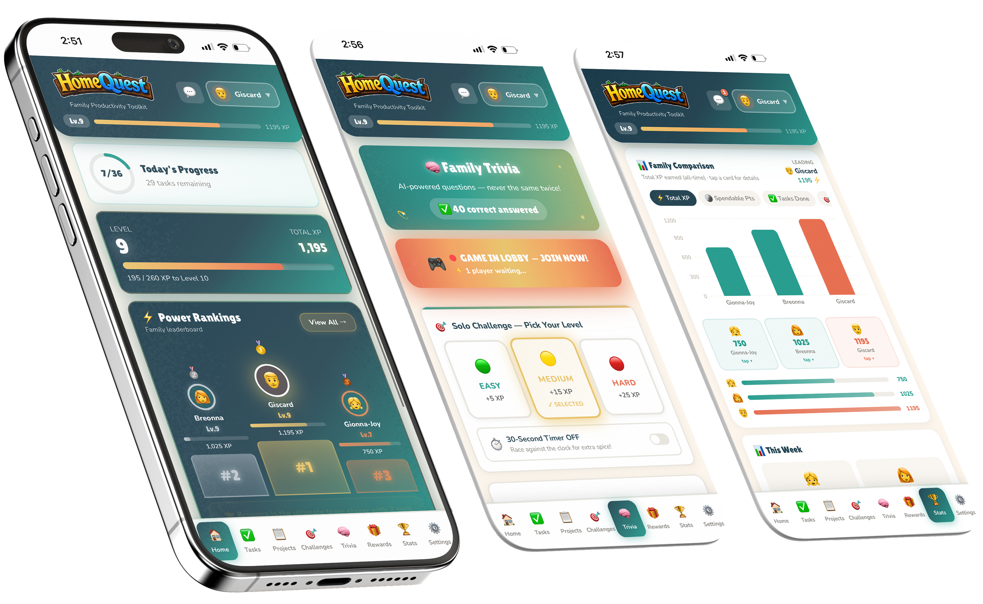 App mockup showing HomeQuest family productivity app on multiple iPhone screens