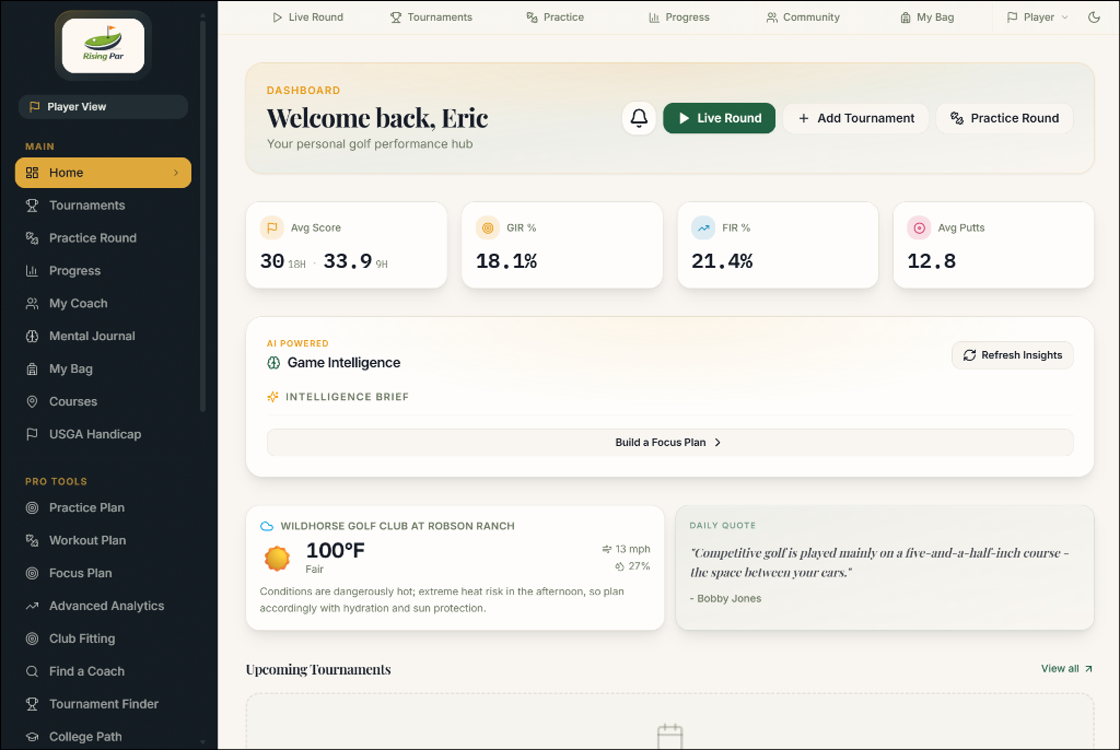 Rising Par app player dashboard with live scoring, AI game intelligence, and tournament tracking