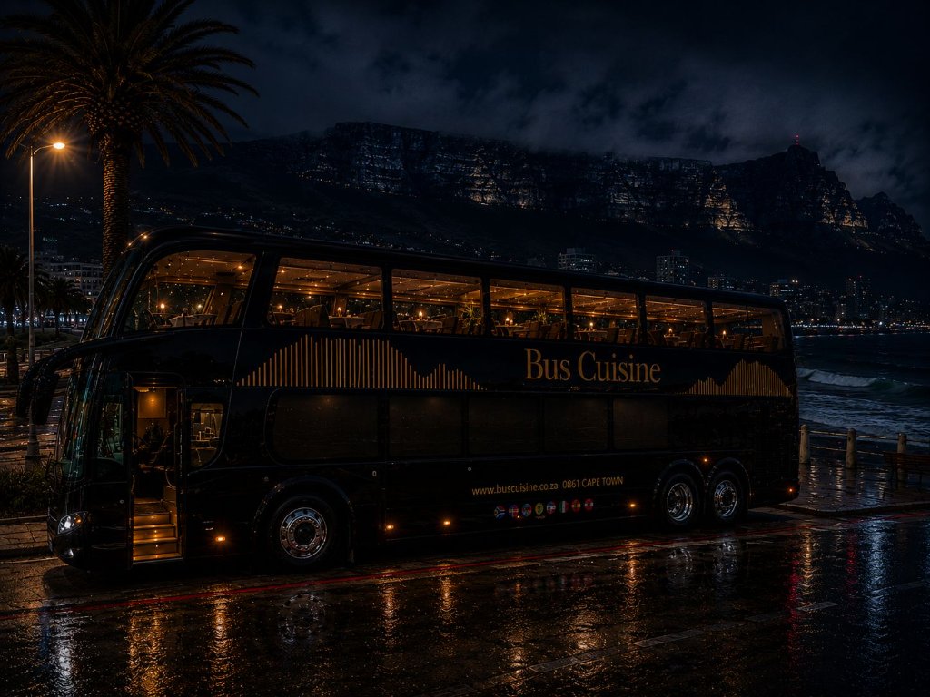 Bus Cuisine luxury double-decker dining bus in Cape Town at night