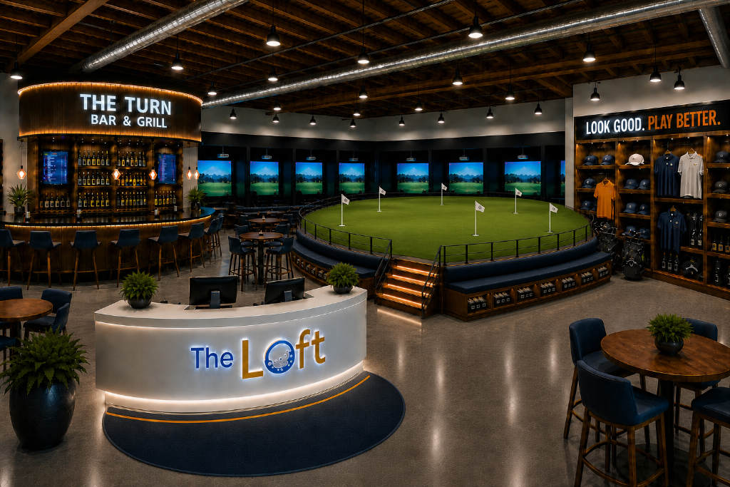 The Loft interior — putting green, lounge, and simulators