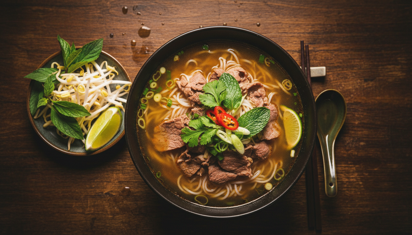 Vietnamese pho bowl on wooden table
