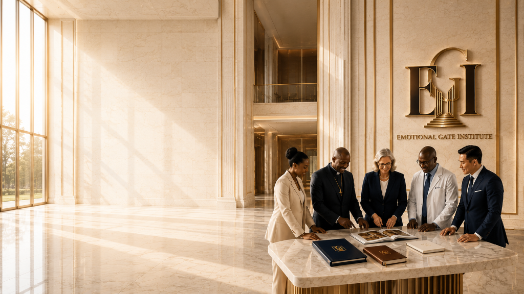 Emotional Gate Institute partners collaborating in a sunlit marble atrium