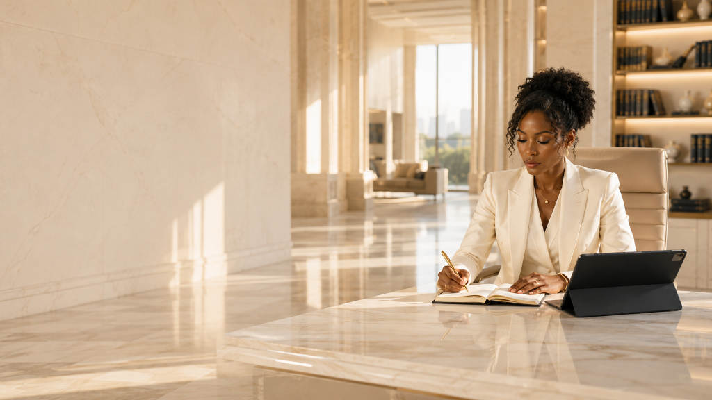Professional woman studying at a desk in a sunlit office, representing focused individual learning at the Emotional Gate Institute.