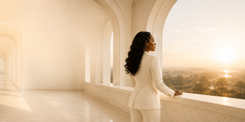 Elegant African professional woman reflecting inside a luxury executive institute, symbolizing self-discovery and emotional healing.