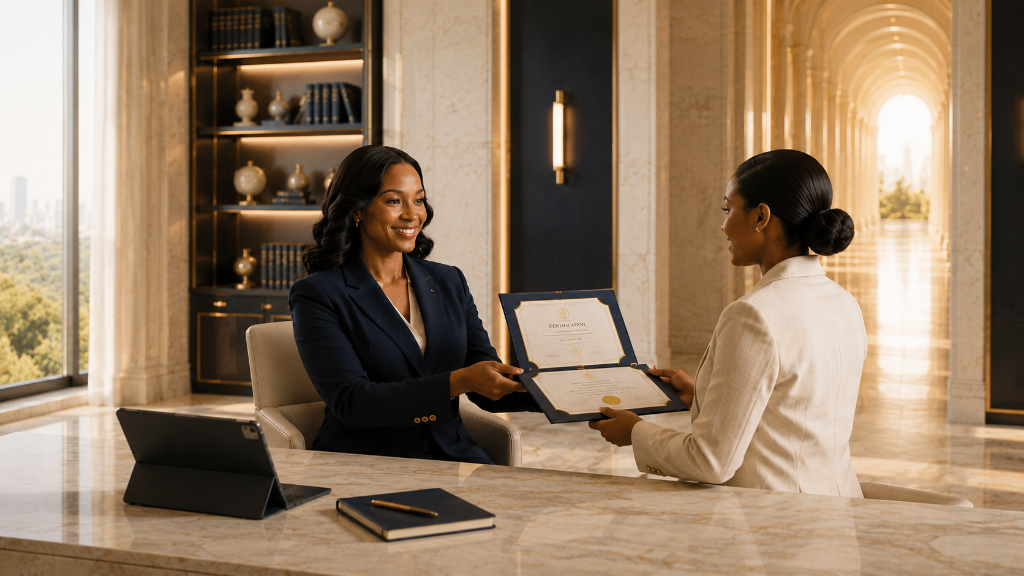 Mentor handing a certification folder to a practitioner in a sunlit marble office, symbolizing the EGCP credential at the Emotional Gate Institute.