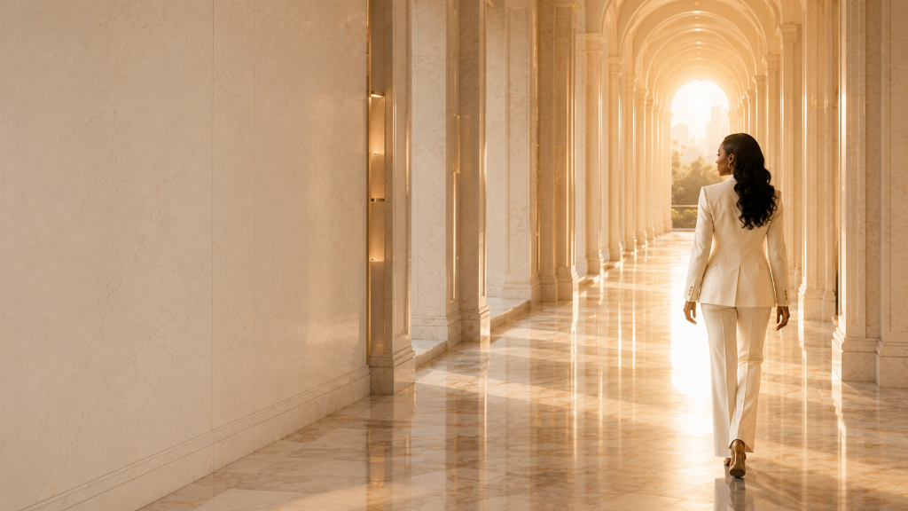 Woman walking down a sunlit marble-columned corridor toward a bright cityscape, symbolizing a guided healing journey at the Emotional Gate Institute.