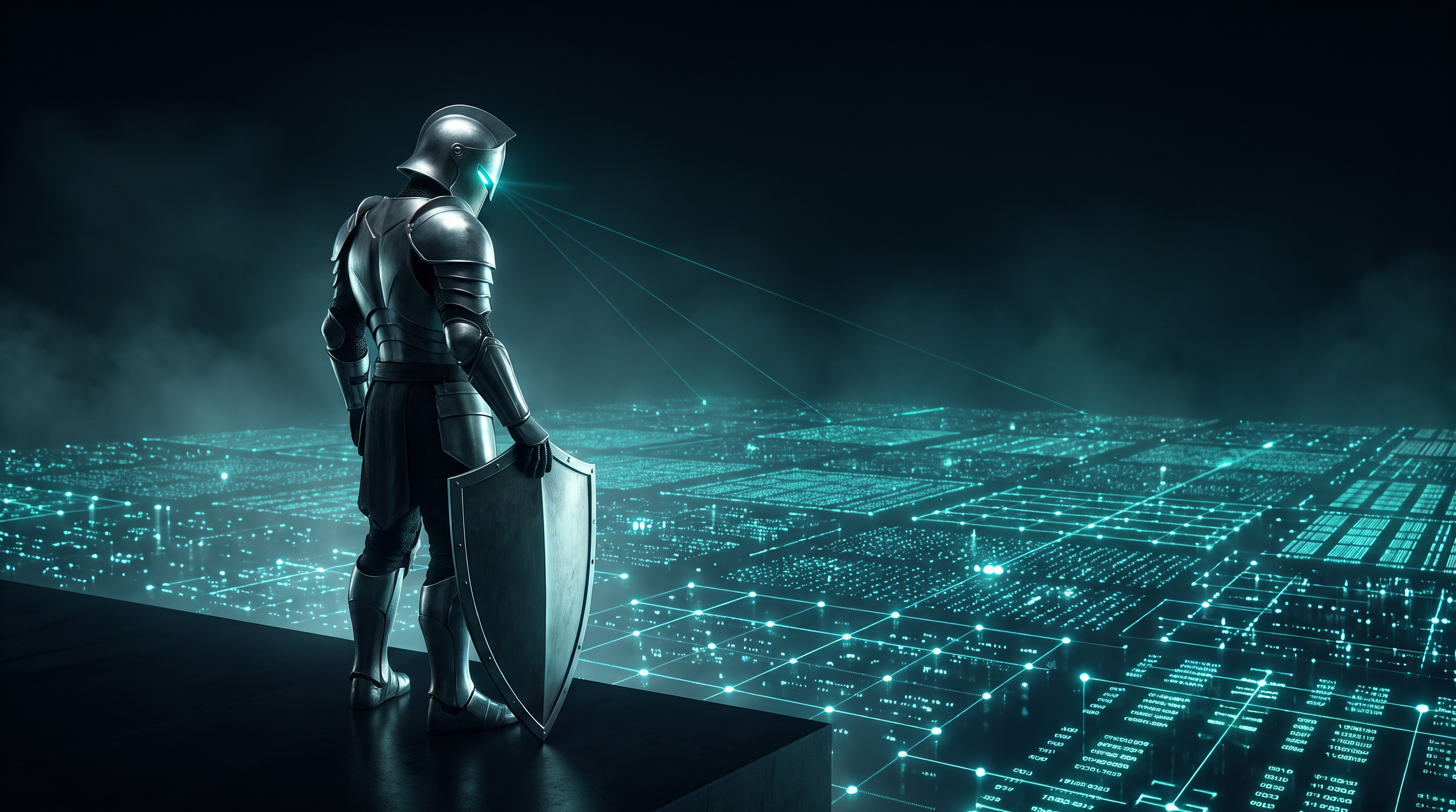 An independent sentinel observing an expansive data field.