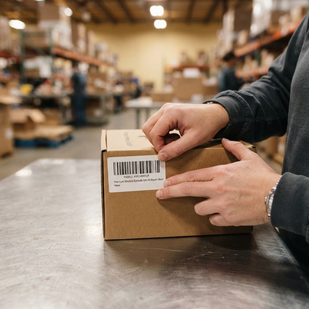 Worker applying an FNSKU barcode label to a product