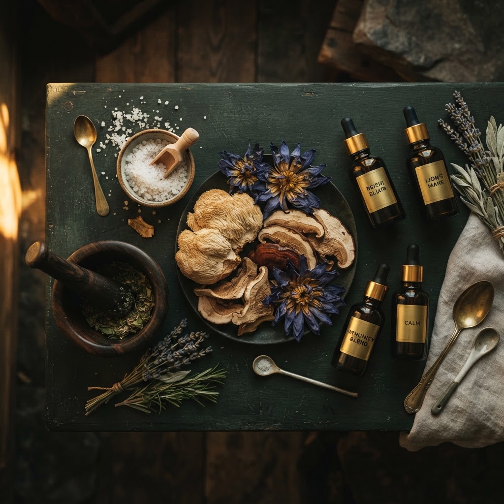 A natural wellness apothecary — dried herbs, mushrooms and botanicals