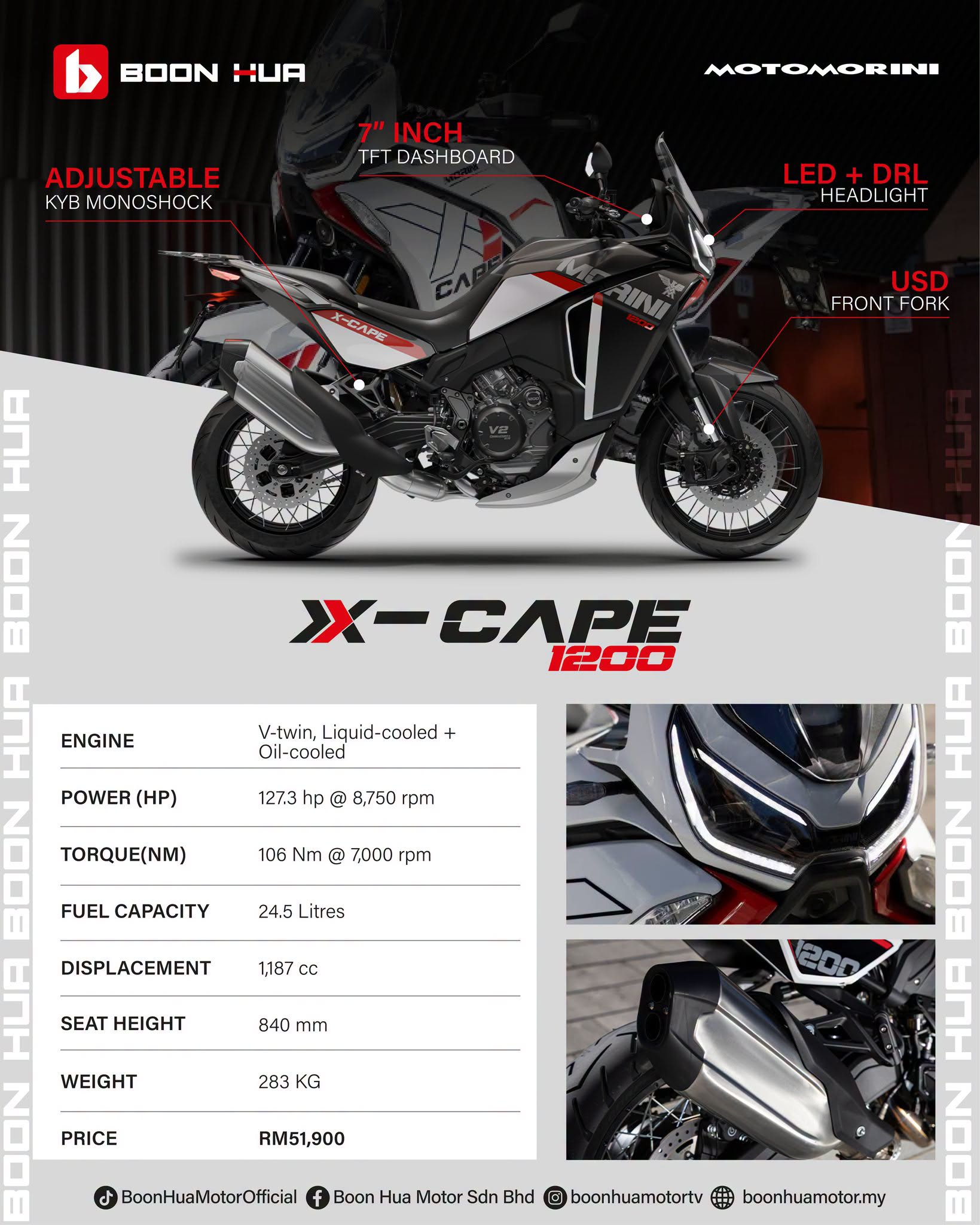 Infografik spesifikasi Moto Morini X-Cape 1200: enjin V-Twin 1,187cc, 127.3 hp, tangki 24.5L, skrin TFT 7 inci