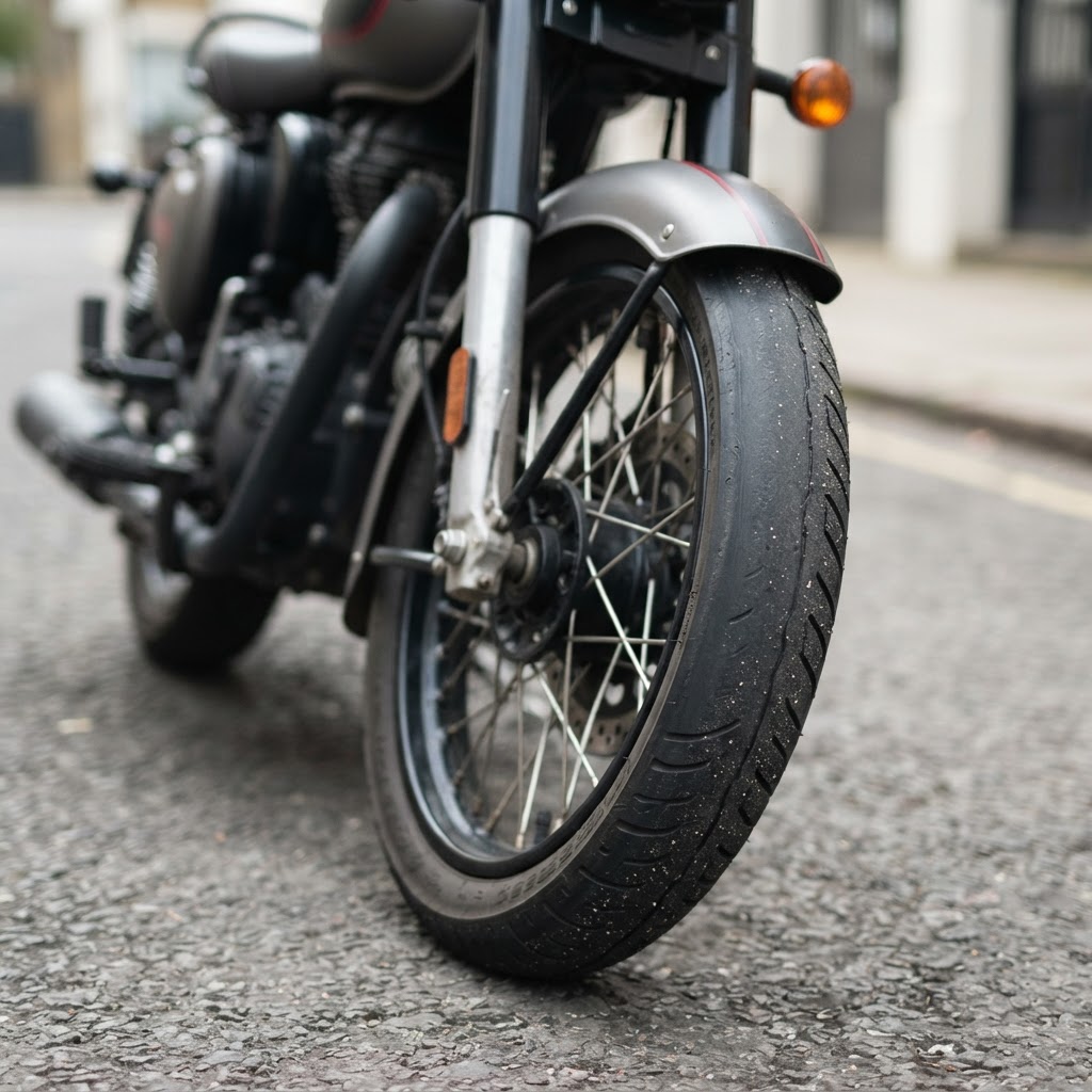 Tayar hadapan motosikal yang menunjukkan kehausan tidak sekata pada satu bahagian bunga tayar
