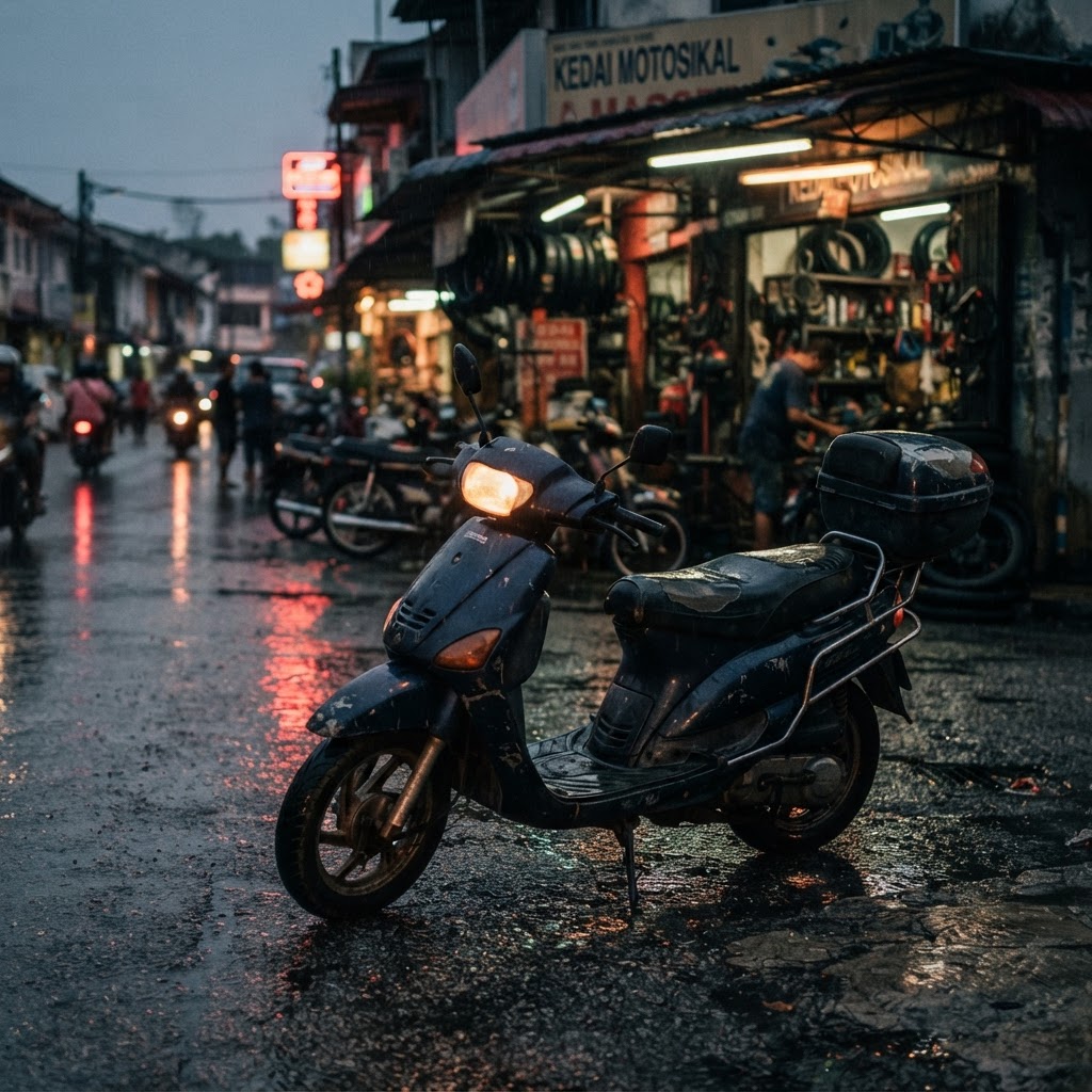 Motosikal terpakai diparkir di tepi jalan pada waktu senja