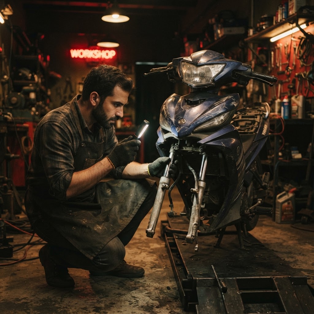 Mekanik memeriksa kerangka dan fork hadapan motosikal yang pernah terlibat kemalangan
