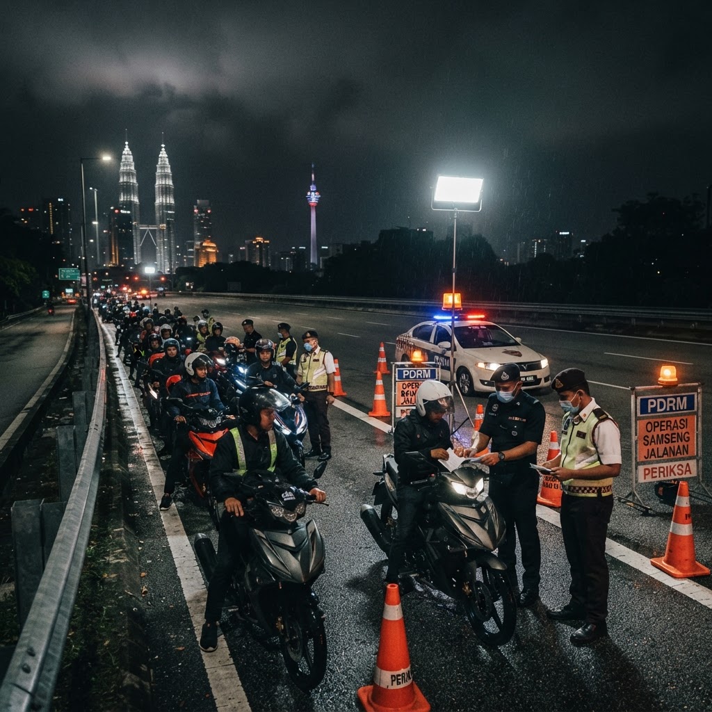 Operasi penguatkuasaan trafik pada waktu malam dengan barisan motosikal diperiksa