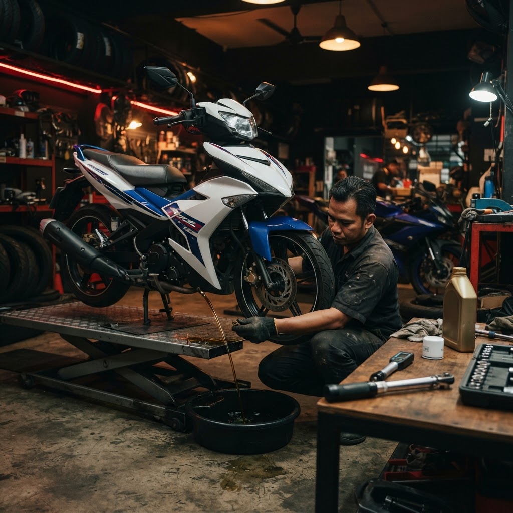 Mekanik Boon Hua Motor melakukan penukaran minyak enjin dan penapis minyak pada Yamaha Y15ZR di atas lif servis