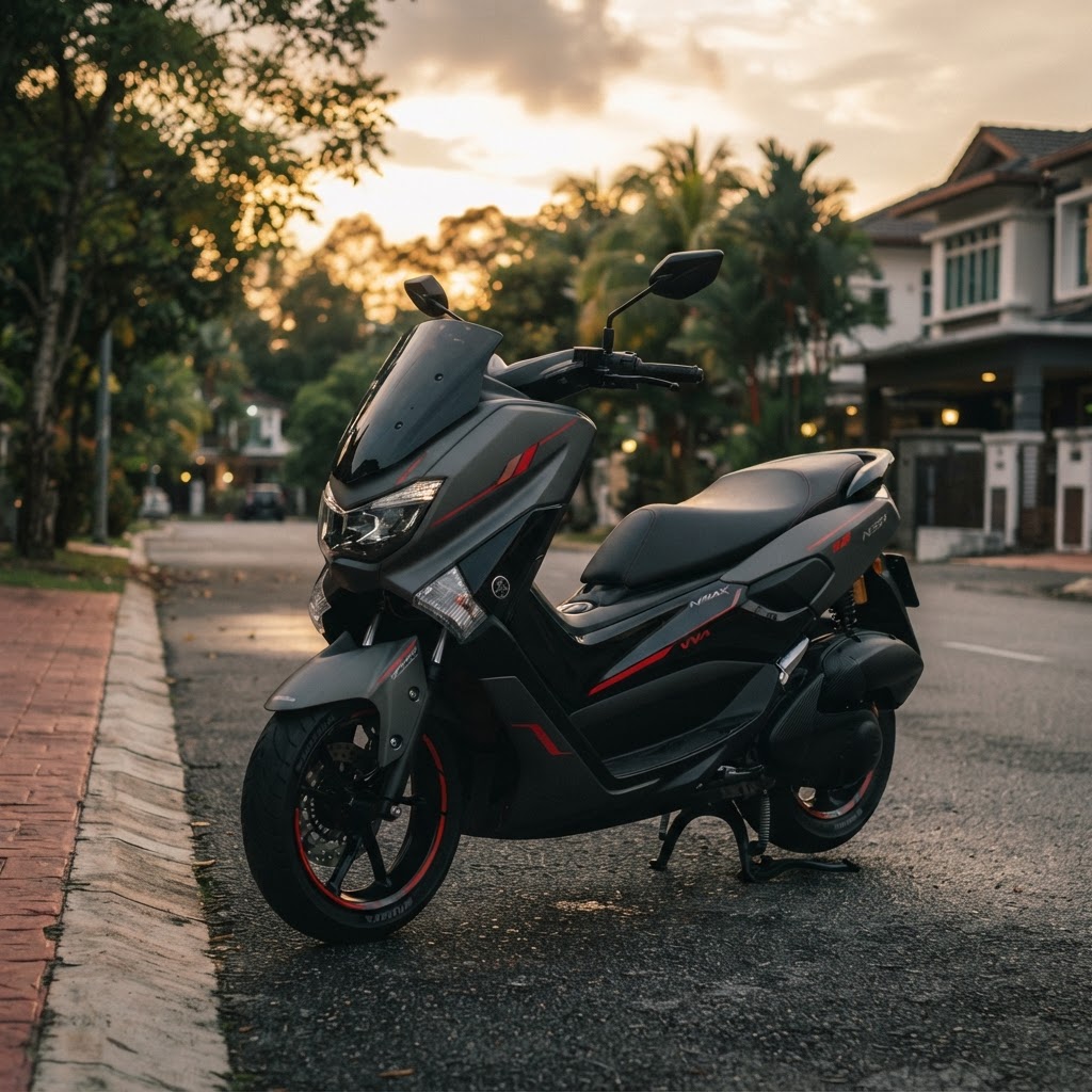 Skuter 150cc automatik diparkir di tepi jalan kawasan suburban Malaysia
