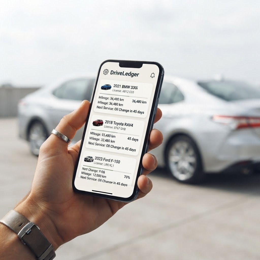 DriveLedger app showing vehicle service and maintenance tracking