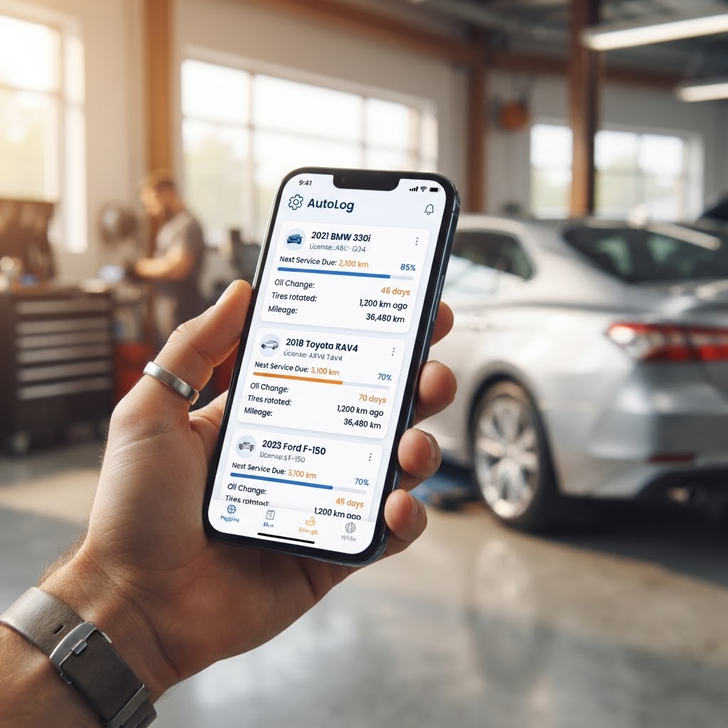 DriveLedger app showing vehicle service and maintenance tracking