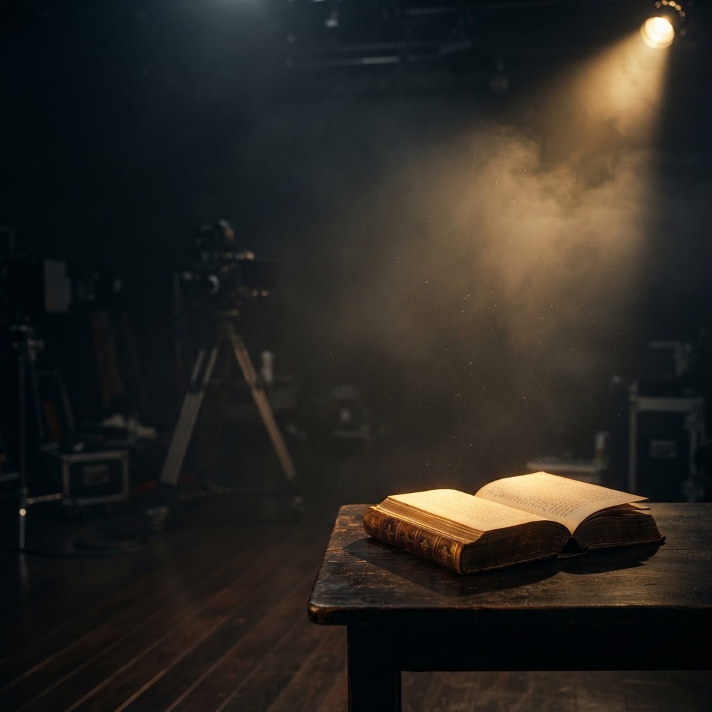 A glowing book on a dark film set lit by a single golden spotlight