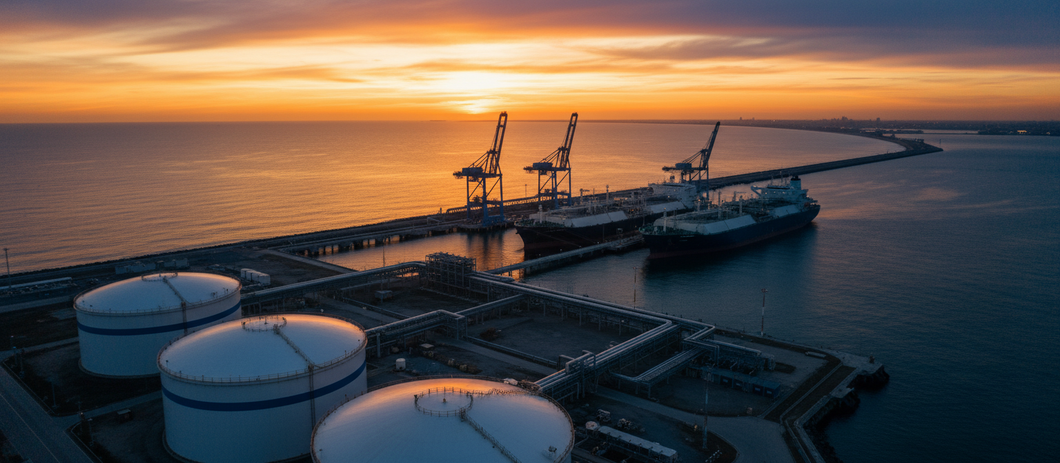 LNG terminal and port facility at golden hour