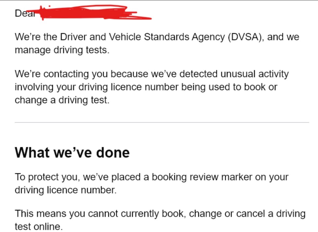 Real DVSA enforcement letter sent to a learner whose licence was used with a bot — booking review marker placed, online access blocked.