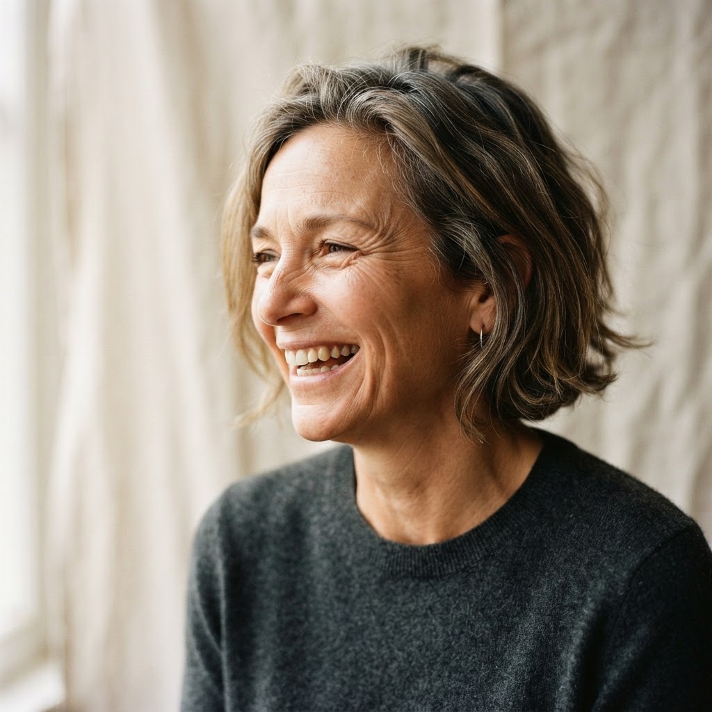 Editorial photograph of a woman laughing, with natural lines at the outer corners of her eyes.