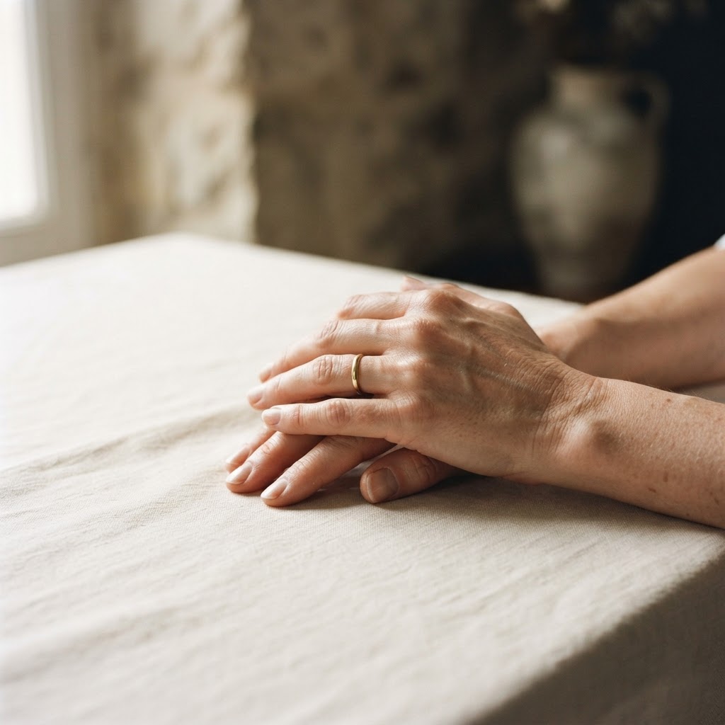 Editorial photograph of a woman's hands resting on ivory linen in warm window light.