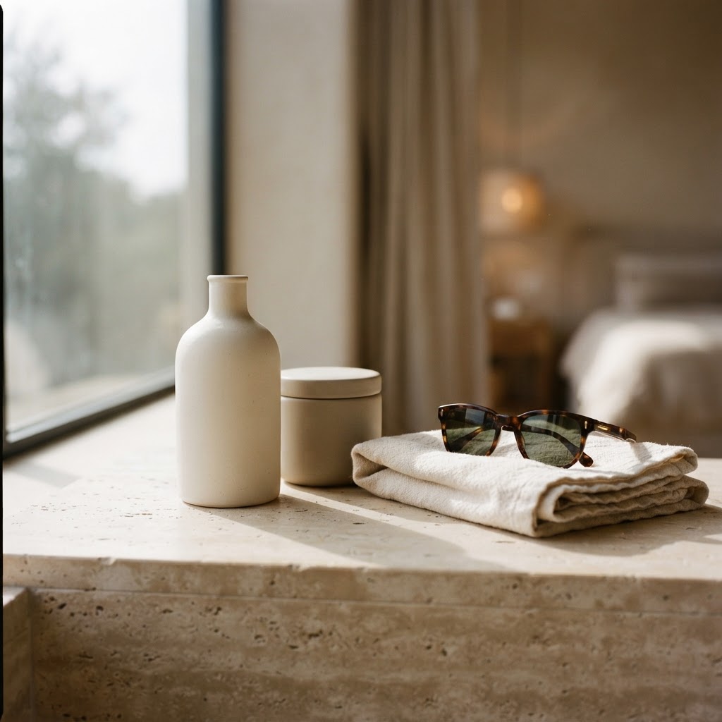 Still life of unbranded skincare bottles and sunglasses on a stone ledge.