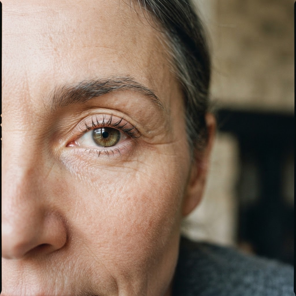 Close-up photograph of a relaxed outer eye area with faint lines visible at rest.