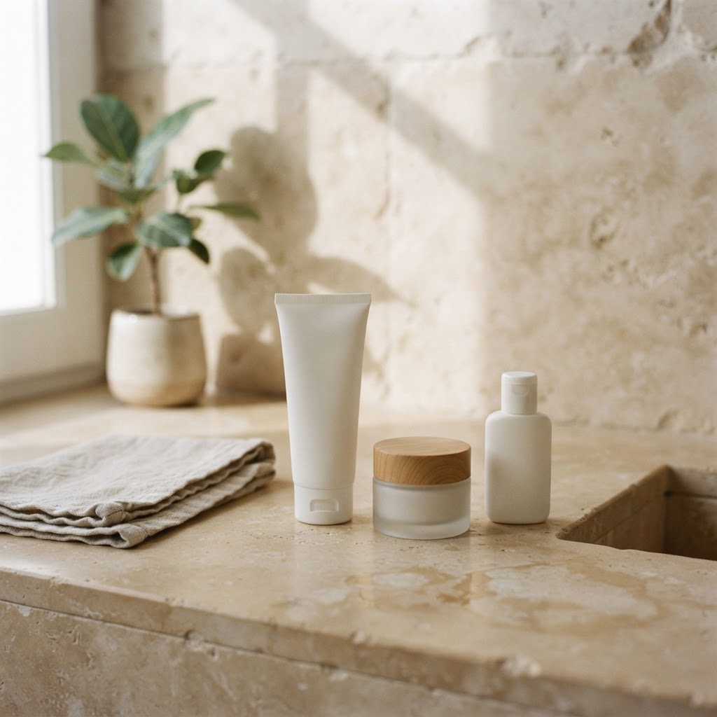 K-LUXE aftercare skincare still life with gentle cleanser, moisturizer and sunscreen