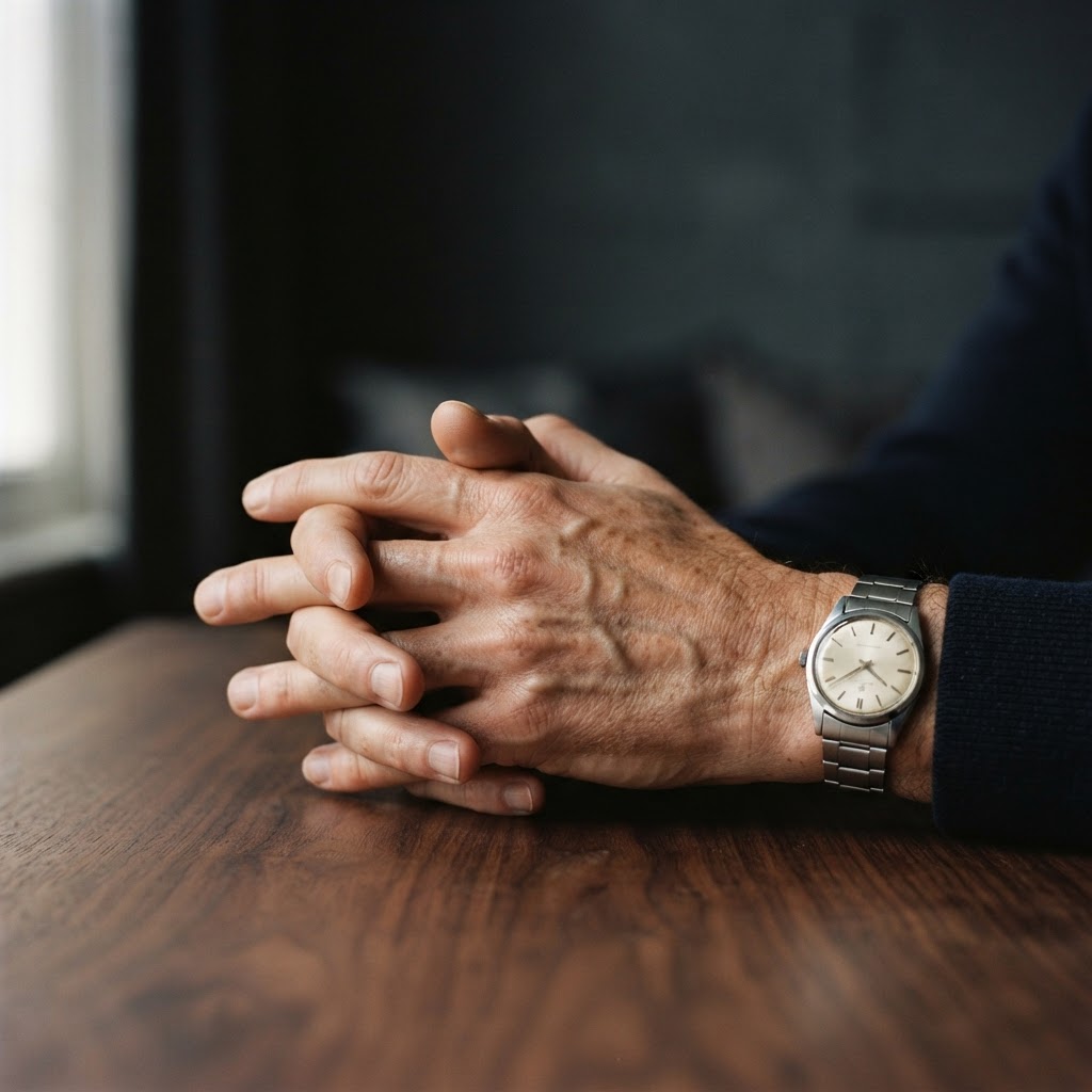 Editorial photograph of a man's hands clasped on a walnut table.