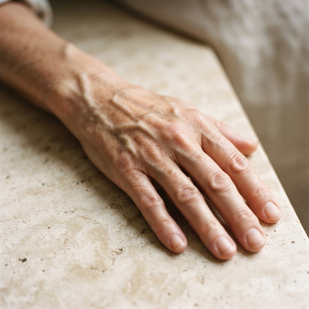 Close photograph of the back of a hand showing visible tendons and veins in raking light.