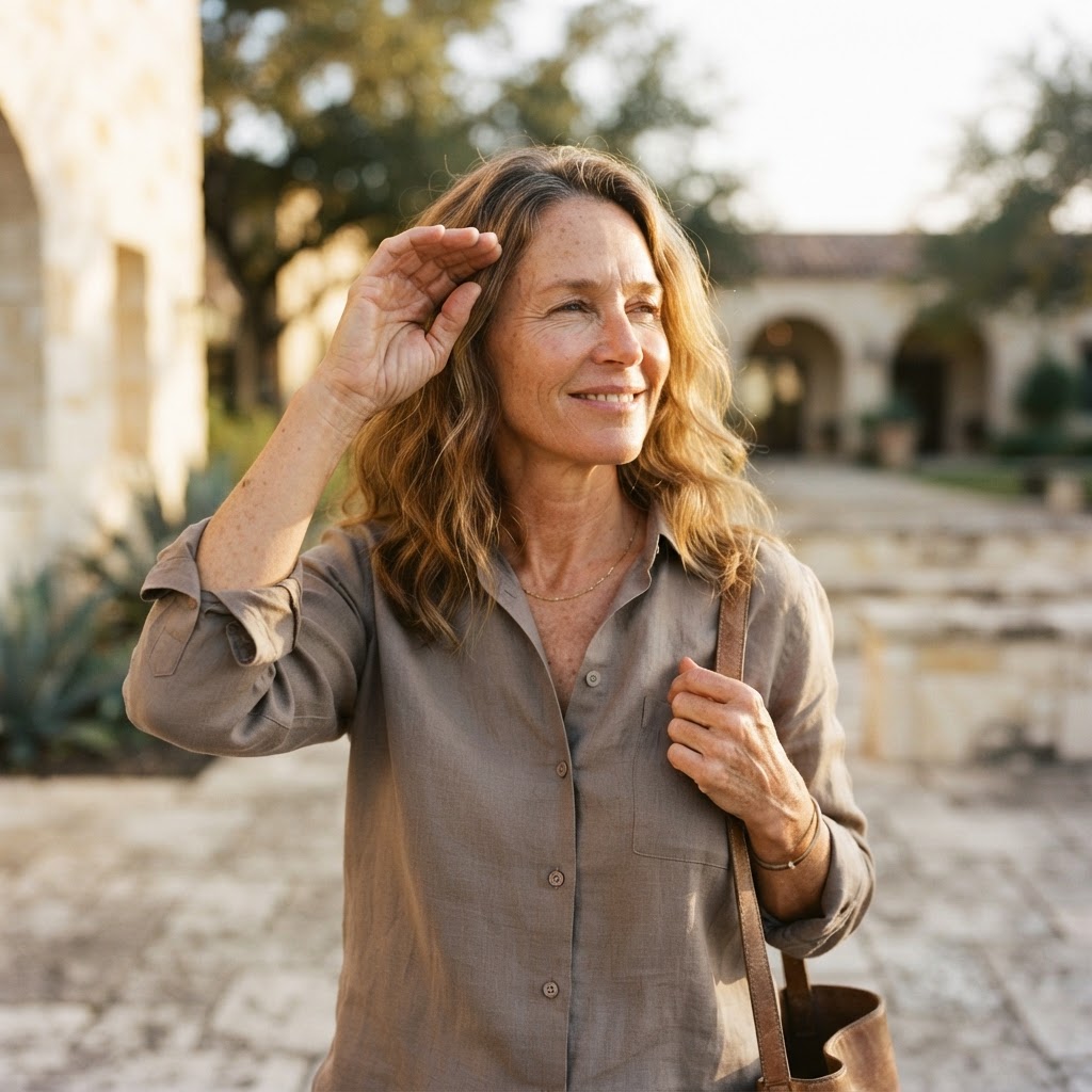 Photograph of a woman squinting in bright afternoon sun, shading her eyes with her hand.