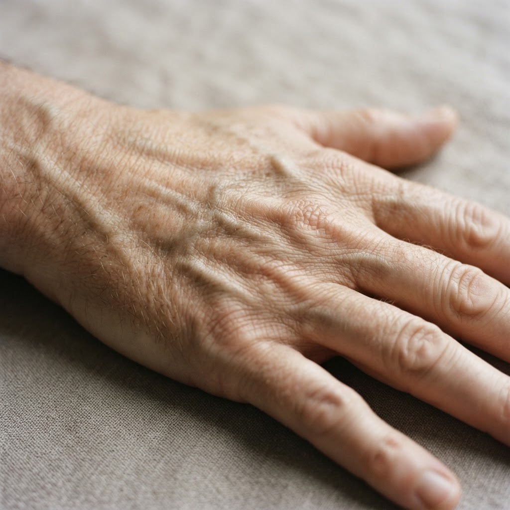 Macro photograph of fine texture on the skin of the back of a hand.